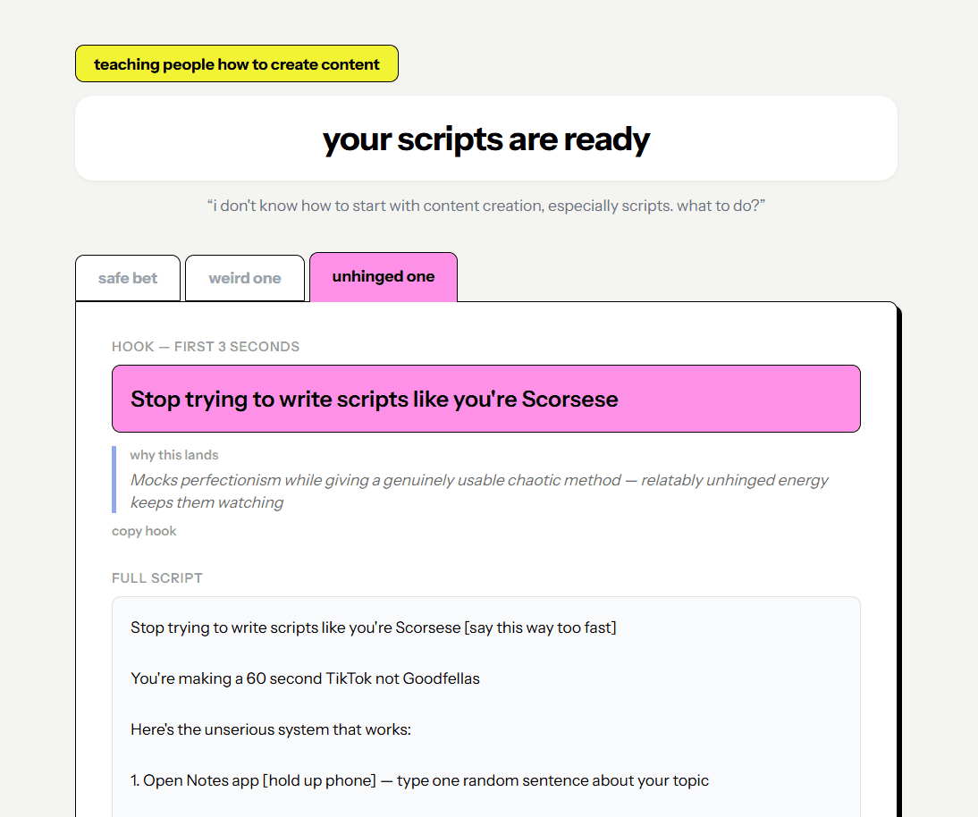 Dashboard with 3 generated script cards